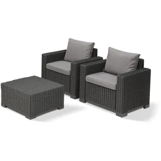 Allibert by Keter Gartenlounge Set California bestehend aus 2 Sesseln und 1 Beistelltisch, inkl. Sitz- und Rückenkissen, runde Rattanoptik