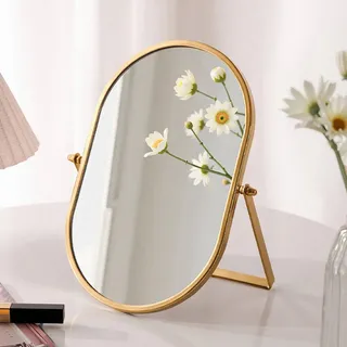 Gosider Schminkspiegel Oval Klappspiegel Gold Metallständer Tragbar Klappbar Hochglanz Spiegel Schwenkbar für Schminktisch Wohnzimmer Schlafzimmer Badezimmer