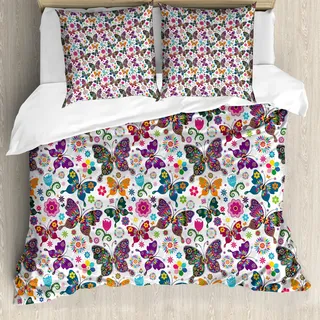 ABAKUHAUS Schmetterling Bettbezug Set, Sechziger und Siebziger inspirierte komplexes Bild mit floralen Elementen und Schmetterlingen, 155 x 220 cm + 80 x 80 cm, Mehrfarbig