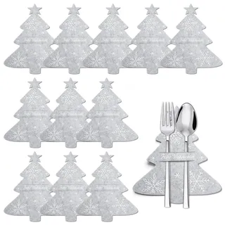 COCHIE Besteckhalter Weihnachten, 12 Stück Bestecktasche Weihnachten Filz, Grau Weihnachtsbaum Bestecktaschen,Weihnachts Messer Gabeln Löffel Bestecktasche, für Tischdeko Weihnachten Weihnachtsdeko