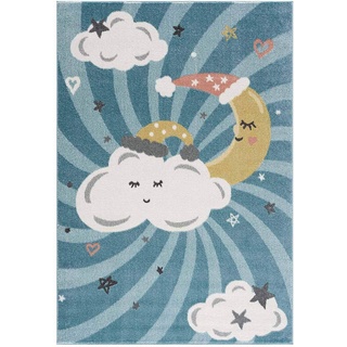 carpet city Kinderteppich Kinderzimmer Blau - 80x150 cm - Mond Wolken Sterne - Kinderzimmerteppiche Mädchen Jungen - Babyzimmer-Teppich - Spielteppich