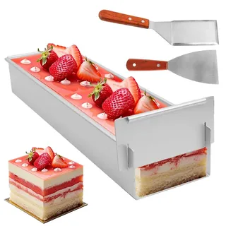 Yuragim Tiramisu Form Backrahmen Rechteckig, Verstellbar Mousse Kuchenform aus Aluminiumlegierung mit 2 Pfannenwender Backform Tortenrahmen für Tiramisu Mousses Kuchen Brot Toast Dessert Backen DIY