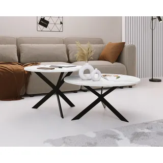 Couchtisch Set Lev - 2er-Set Beistelltisch Rund (Ø75/58 cm) - Wohnzimmertisch Industrial, Satztisch mit Metallgestell Schwarz - Kaffeetisch Modern - Marmor Weiß - Weiß
