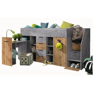 Abiks Möbel Hochbett mit Schreibtisch 90/200 cm , Grau, Eiche Wotan , Holz , Nachbildung , 10 Fächer , 4 Schubladen , 90x200 cm , Babymöbel & Kindermöbel, Kinderzimmer & Jugendzimmer, Kinderbetten, Hochbetten