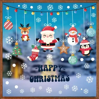 AhfuLife Fensterbilder Weihnachten, 173 Stück Fenstersticker Weihnachten Selbstklebend Wiederverwendbar Doppelseitig Weihnachtsmann, Schneemann, Weihnachtsbaum für Xmas Party Weihnachtsdeko Fenster
