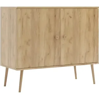 Bettso Kommode mit 2 Türen minimalistisches Sideboard im skandinavischen Stil auf Holzbeinen Griffe aus Jute für Wohnzimmer Schlafzimmer Goldene Eiche - Braun