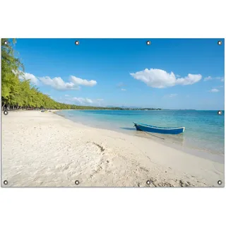 Wallario Outdoor-Poster für Garten oder Balkon, Motiv Boot an einem tropischen Strand, in ca. 100 x 150 cm - Blau