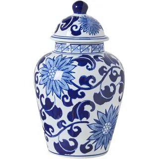 Blumenvase mit Deckel groß rund Porzellan weiß/blau handgemacht Deckelvase 36 cm hoch Cuenca