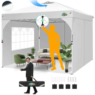 COBIZI Faltpavillon 3x3 Wasserdicht Stabil,EIN-Tasten-Zentralverriegelung,Partyzelt mit Entlüftung,Fluoreszierenden Streifen,3 Seitenteilen,4 Sandsack, Höhenverstellbar,Gartenzelt für Party,Weiß