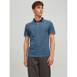 Poloshirt JACK & JONES "JJEPAULOS Poloshirt mit klassischem Kragen und figurbetonter Form", Herren, Gr. L, blau (blau, denim), Piqué, Obermaterial: 100% Baumwolle, unifarben mit Farbeinsatz, schmal normal, Rundhals, Shirts Poloshirt, Logostickerei, modisch, schmal, Baumwolle, Polokragen