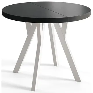 Esstisch Rund Ovo, Moderner Esstich Ausziehbar, Tisch mit Solide Beine, Stabile Konstruktion,, Durchmesser: 100cm-200 cm, Schwarz - Schwarz, Weiß