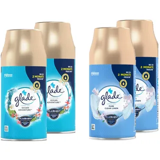 Glade Automatic Spray Nachfüller Mix 4 Stück je 269 ml, Ocean Adventure & Clean Linen, Lufterfrischer Nachfüllpack für Duftspender, Raumduft Set
