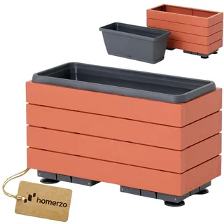 HOMERZO Blumenkasten Kunststoff – Pflanzkasten für Balkon & Terrasse – Inklusive Einsatz & Untersetzer – Höhenverstellbare Füße (Terrakotta, 40x18 H22)