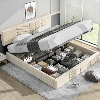 okwish Polsterbett 160*200 cm, mit Lattenrost und höhenverstellbarem Kopfteil, natürliches, langlebiges Holz, einfache Montage, hochwertiger holländischer Samt (Beige) - Beige