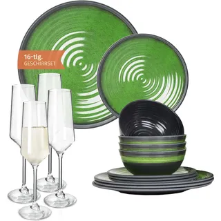 Melamin Camping Geschirr Set 4 Personen Stone Green + 4 Milano Champgner Gläser Flûtes Tafelgeschirr Picknick BBQ Kochgeschirr