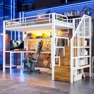 Hochbett 90x200 mit Schreibtisch & LED-Beleuchtung, platzsparendes Etagenbett aus Metall, Treppe mit Stauraum & Schubladen für Jugendzimmer, Weiß - Weiß