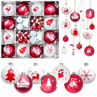 46 Stück Weihnachtskugeln Kunststoff, Christbaumkugeln Weihnachtsbaumkugeln Set, Personalisierte Weihnachtskugeln Weiß & Rot, Weihnachtsbaumschmuck Kugeln, Weihnachtsdeko Home Decoration