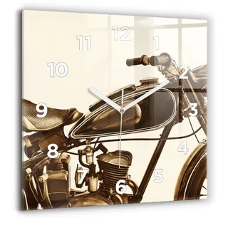 Wallfluent Große Wanduhr – Stilles Quarzuhrwerk - Uhr Dekoration Wohnzimmer Schlafzimmer Küche - Zifferblatt - weiße Zeiger - 60 cm - Sepia-Motorrad Vintage - Braun