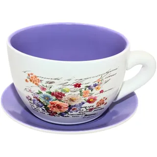 Dekohelden24 Blumentopf, Pflanztasse, Pflanzkübel, Pflanzgefäß, Blumenkübel, Pflanztopf. Übertopf als Tasse mit Griff aus Keramik, Motiv: Lilien, L/B/H 20 x 15 x12 cm.