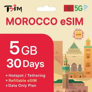TSIM Morocco eSIM 30 Tage | 5 GB Highspeed-Daten | Automatische Aktivierung | Hotspot erlaubt | eSIM-QR-Code innerhalb von 24 Std. per E-Mail | QR-Code scannen & sofort nutzen | Nur Daten