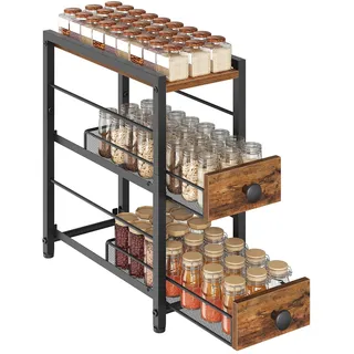 YATINEY Gewürzregal mit 3 Ebenen, Küchengewürzregal, Gewürz-Organizer, ausziehbare Schubladen, für Sirup, Gewürz, Kaffeekapseln, für Küchentheke, Esstisch, Schminktisch, vintagebraun-schwarz XSR02BR