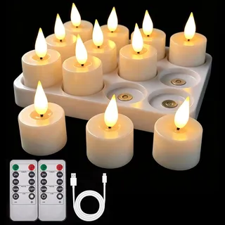 Led teelichter wiederaufladbar mit Timerfunktion Ladestation Aufladbare Led Teelichter Flackernd Kerzen mit Fernbedienung Perfekt für Wohnzimmer Tisch Kürbis Party Halloween Weihnachtsdeko (Weiß)