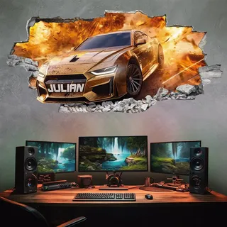 tjapalo® VZ112 3D Wandtattoo Gamer Mit Namen, Gaming Bild Auto, Kinderzimmer Rennauto, Jugendzimmer Jungs Wandbild Autos, Größen Name: B63xH30cm