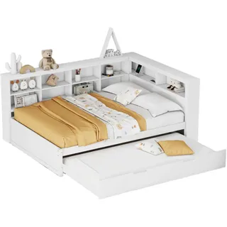 Beaok Holzbett 140/200 cm in Weiß mit Ausziehbett und USB-Anschluss , Holz , 140x200 cm , Schlafzimmer, Betten