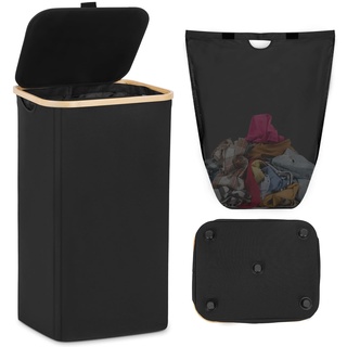 Vicyak Wasserdichter schlanker Wäschekorb mit Deckel,100L Tall Narrow Black Hamper mit abnehmbaren Taschen Gummifuß Bambus Griffe, Wäschekorb Aufbewahrungsbehälter für Schlafzimmer Bad Waschküche