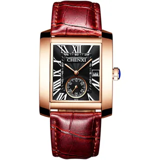 JewelryWe Herren Armbanduhr, Retro Kalender Analog Quarz Uhr mit Schwarz Rechteckig Römischen Ziffern Zifferblatt und Braun Leder Armband