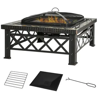 Outsunny 3-in-1 Feuerschale Feuerkorb Feuerstelle mit Funkenschutz Grillrost Eiskübel Garten BBQ Schwarz 76 x 76 x 47 cm