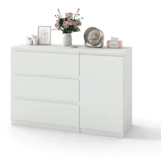 Kommode Weiß mit 3 Schubladen und 1 Tür | Sideboard Wohnzimmer & Schlafzimmer | 40 cm Schmal - Weiß