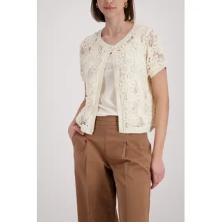 Strickjacke MONARI "Jacke Strickjacke Spitze", Damen, Gr. 40, weiß (beige), Spitze, Obermaterial: 80% Polyester, 20% Polyamid, unifarben, regular fit taillenbedeckt, Rundhals, eingesetzt angesetztes Bündchen, Strickjacken Strickjacke, Regular fit mit Spitzendetails