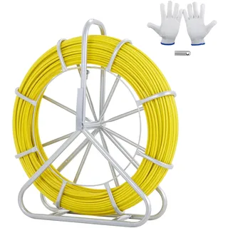 Vevor Fiberglas Kabel Rad Ø7,9mm x 150m Glasfaserstab inkl. Stahlhaspel Handschuhe Bremsgriff Metall-Zugköpfe Fischband -40°C bis +80°C Einziehhilfe Einziehband Einziehspirale
