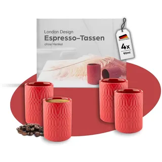 MELOX - 4er Set Espressotassen Porzellan Rot - 4 x 90ml Tassen für Kaffee, Espresso & Macchiato - Mokka-Tassen Coffee Cups dickwandig ohne Henkel - Kaffeetassen als Geschenk zeitlosen Design