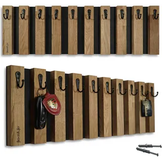 Lamellen Schlüsselbrett Garderobenleiste Holz, Eiche, Hakenleiste, Kleiderhaken, Wandhaken, Edelstahl, Wandgarderobe, Garderobenpaneel, für Flur, Kinderzimmer, Schlafzimmer 60cm - Schwarz, Braun