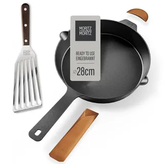 Moritz & Moritz Gusseisenpfanne Induktion 28 cm - Voreingebrannte Antihaft Pfanne Gusseisen Induktion für alle Herdarten, Ofen & Grill geeignet - Inkl. Pfannenwender - Cast Iron Pan Induction