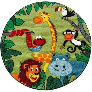 Paco Home "Diamond 638" rund 18 mm Höhe Kurzflor, 3D-Design, Motiv Dschungel Tiere, Kinderzimmer,