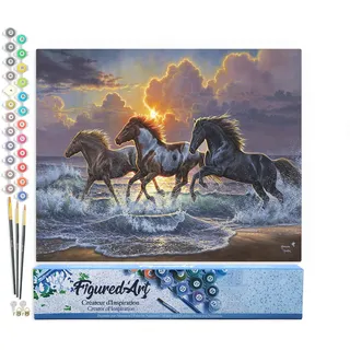 Figured'Art Malen Nach Zahlen Erwachsene Pferde-Trio - Paint by Numbers Basteln DIY Bastelset 40x50cm ohne Holzrahmen