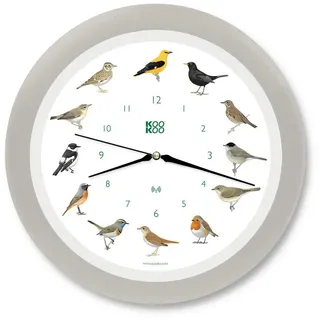 Kookoo Singvögel Quarzwerk seiden-grau, Die Singende Vogeluhr, runde Wanduhr mit natürlichen Vogelstimmen