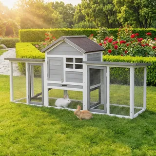 MyAnimal Hasenstall MH-31 | Hasenkäfig Zweistöckig - Freilaufgehege - Kaninchenstall - 5 Türen - Kleintierstall - wetterfester Stall - Dach zum Öffnen - Grau, Weiß