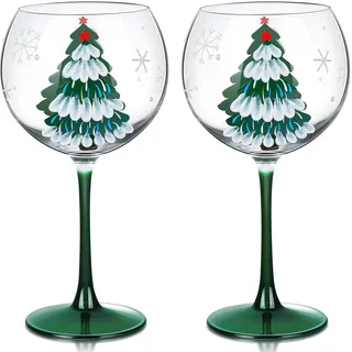 Joeyan 580ml Weihnachtsgläser, Weinglas Weihnachtsgeschirr Set of 2, Kristall Burgunder Rotweingläser mit Hand Bemalt Grün Weihnachtsbaum Schneeflocken, Ballon Gläser for Weihnachtsfeier & Geschenke