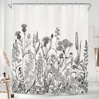 Riyidecor Duschvorhang mit Wildblumen-Motiv, Pflanzenkräuter, Tulpenpflanze, Naturblüten, Blätter, Skizze aus wasserdichtem Stoff, Badezimmer-Dekoration, 12 Stück Kunststoffhaken
