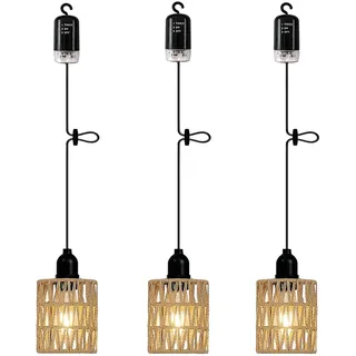 3x Boho Rattan Lampe Vintage Hängelampe mit Batterie Akku Glühbirne Hängeleuchte Deckenlampe ohne Strom Außen Laternen Lampions Wetterfest für Garten Balkon Keller Weihnachten Party Deko