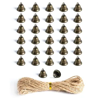 Small snail 32 Stück Vintage Bronze Glöckchen Mini Hängende Handwerksglocke mit 10m Juteschnur für DIY-Dekorationen, Christbaumschmuck, Windspiele, Nähen, Einbruch, Hundetöpfchentraining