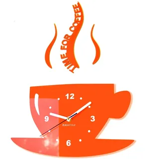 FLEXISTYLE Tasse Time for Coffee Moderne Küche (Zeit für Kaffee) Wanduhr, orange, 3D römisch, wanduhr deko, 32 x 19 cm