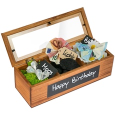 SURPRISA Schotter Schatulle 3er - kreative Verpackung für Geldgeschenke und persönliche Geschenkbox zum Geburtstag oder zur Hochzeit - Pinienholz