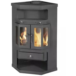 Eck-Kaminofen Victoria Panama2 mit Flügeltüren, schwarz, dauerbrandfähig – 9kW