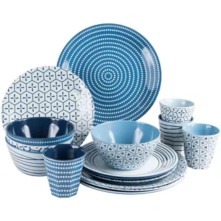 Camping Geschirr Set 4 Personen Blau-Weiss Melamin Wohnmobil Becher 16 tlg