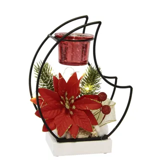 Dekorierter Teelichthalter aus Metall mit Glaseinsatz Weihnachtsstern Tannenzweigen LED Licht Stimmungslicht Lampe Kerzenhalter Weihnachtsdeko Dekoration Tischdeko Dekoobjekt Ornamente 3D Bild